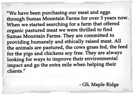We have been purchasing our meat and eggs through Sumas Mountain Farms for over 3 years now.